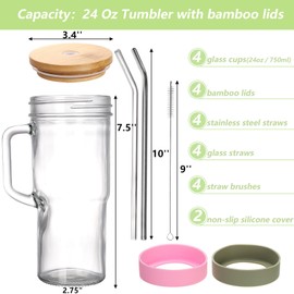 Yesland 4 Pack Glass Tumbler Cups with Handle, 24 oz Mason Jar with Bamboo Lids and Straws, Reusable Travel Coffee Mug Drinking Glasses for Iced Coffee, Smoothies, Beer, Juice and Bubble Tea, Gift