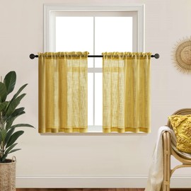 XTMYI Mustard Gold Yellow Curtains for Spring Bedroom Small Window 2 Panels Rod Pocket Semi Sheer Cafe Fall Curtains for Kitchen Bathroom Living Room 24 Inch Length