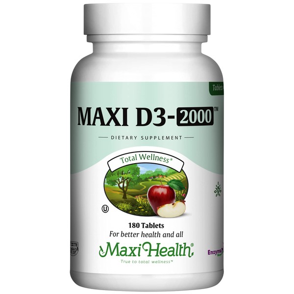 Maxi Health Vitamin D3 2000 IU - for Healthy Muscle Function, Bone Health and Immune Support – 180 Tablets – Best Kosher Supplement for Adults