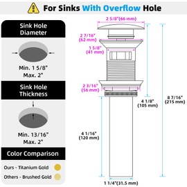 Angle Simple Bathroom Sink Drain Stopper, Brass Pop Up Sink Stopper with Overflow Hole for Sink with 1.61 to 2 Inches Drain Hole, Bright Titanium Gold