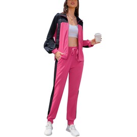 Marvmys Ladies Cotton Track Suit Sets Zip Front Sweatsuit Jogger Set Color Block Jogging Suits Travel Outfits