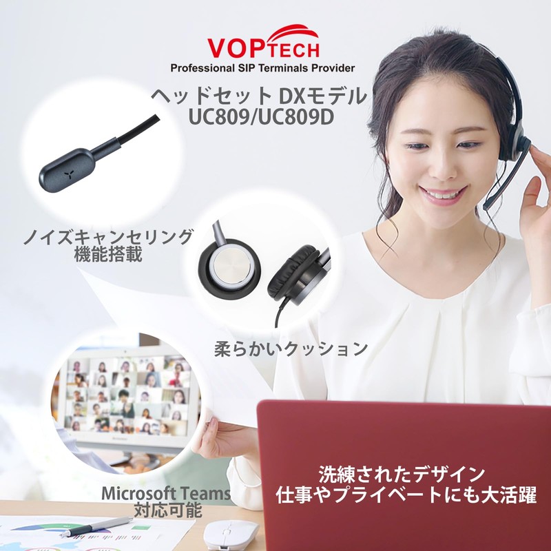 VOPTECH Headset, USB Binaural, Noise Cancelling, Overhead, Windows Mac, DX