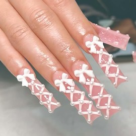 Foccna Pink Press on Nails Artificail Extra Long, French Square Fake Nails, Pearl Nails Acrylic for Women Reusable Nail Kit Adhesive Tabs Nail File 24pcs