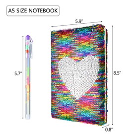Outus Sequin Girls Journal Set with 4 Pieces Color Gel Ink Pens Reversible Diary Flip Sequin Notebook Glitter Writing Journal for Girls Teens End of The Year Gifts(Rainbow Color,Heart)