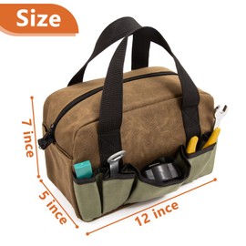 12-Pocket Small Tool Bag, Heavy Duty Waxed Canvas Tool Bags,Wear-Resistant Waterproof Tool Organizer Bags, Double Zipper Closure, Electrician Tool Bag for Repairman, Carpenters, Handyman