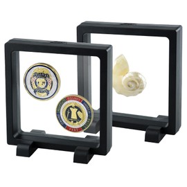 Challenge Coin Display Case, 4.3" H Coin Display Frame, Clear 3D Floating Holders, Small Shadow Boxes for Medal, AA Medallions, Jewelry, Challenge Coins, Black, Set of 2