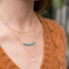 PEARLADA Turquoise Beaded Bar Pendant Necklace, Dainty 18k Gold Chain Choker Necklace, Boho Turquoise Jewelry for Women
