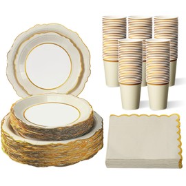 Tioncy 200 Pcs Disposable Paper Plates Cups and Napkins Party Supplies Serve 50 Guests Disposable Paper Dinnerware Set for Birthday Wedding Baby Shower Family Picnic(Nude)