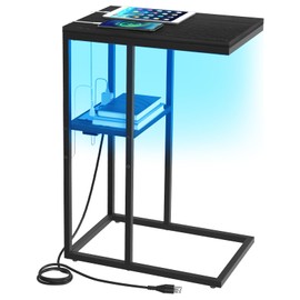 Yoobure LED C Shaped End Table with Charging Station, Small Side Tables for Living Room Bedroom, TV Tray Table with USB Ports and Outlets for Small Spaces, C Table for Couch Sofa, Bed Side Table