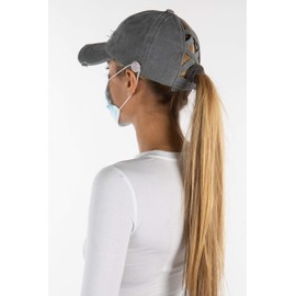Criss Cross Ponytail Hat w/Buttons - Grey
