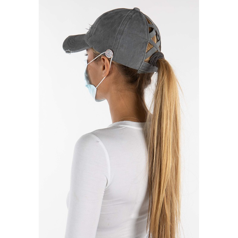 Criss Cross Ponytail Hat w/Buttons - Grey