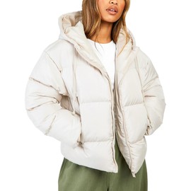 Wyeysyt Women's Cropped Puffer Jackets Winter Warm Lightweight Quilted Jackets Hooded Full Zip Coats with Pockets(Beige-S)