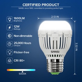 SANSI 100W Equivalent A15 LED Light Bulb, 1600 Lumens 5000K Daylight White Bulb, Energy Saving 25,000 Hours Lifespan Non-Dimmable 12W LED Bulb for Home Lighting, 4-Pack