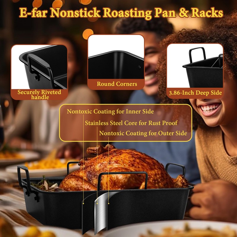 E-far Roasting Pan with Racks, Large Stainless Steel Turkey Roaster