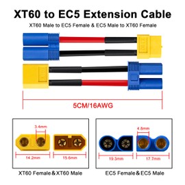 XT60 to EC5 Adapter, 2PCS XT60 Male to EC5 Female & 2PCS EC5 Male to XT60 Female Connector, 2Inch 14AWG High Temp Silicone Wire for FPV Drone, RC Car, Lipo Battery Charger ESC