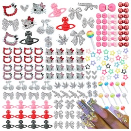 XIYONALI 170PCS Nail Charms for Acrylic Nails,Silver Nail Jewels Cat Bow Planet Gun Maple Leaves Cherries Dollar Sign Hearts Star Candy Nail Accessories for Nail Art Supplies Manicure Craft DIY