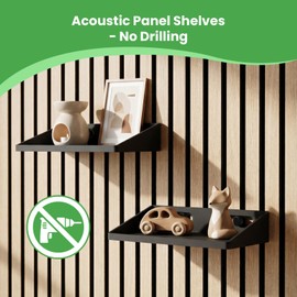 GEEKHOM Acoustic Panel Shelves 2 Pack: No Drill Floating Shelves with Mounting Tools for 12-20mm Slat Wall Panels – Damage-Free Display Trays for Home Decor, 20x10cm Black