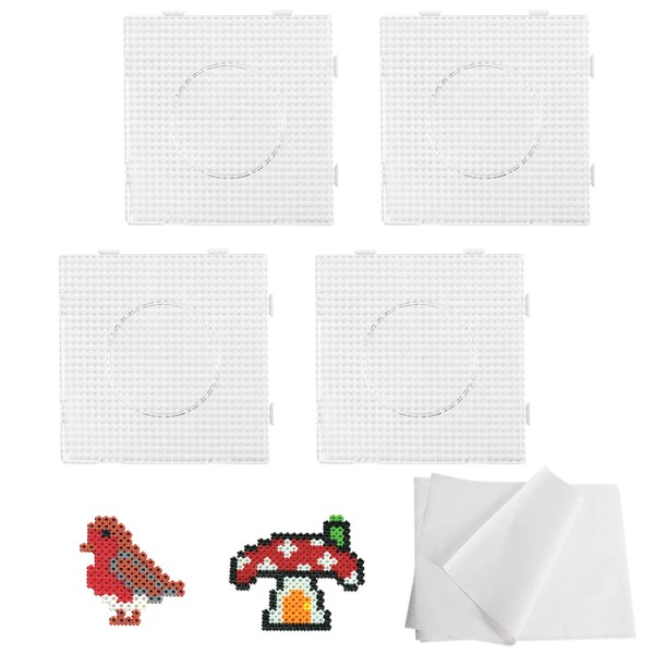 BomnKa 4 Pcs Fuse Beads Pegboard, 5.7''x5.7'' Square Bead Pattern Board Clear Plastic Perler Bead Board with 10 Pcs Ironing Paper for Kids Adults DIY Handcraft