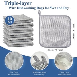 PXIRQ Non-Scratch Triple Layer Wire Dishcloths: 10-Pack 7.87"x7.87" Reusable Dishwashing Rags for Kitchen, Stove, Tableware and Home Cleaning - Eco-Friendly Dish Towels for Housekeeping & Everyday Use