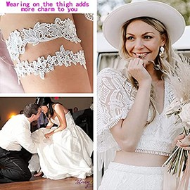 Taube Wedding Garter Set For Bride Stretchy Lace Leg Garter Floral Garters For Bride With Pearl And Rhinestones (Lace-White-plus)