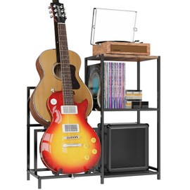 VGMiu Guitar Stand, Multiple Guitar Rack Holder with 3-tier Storage Shelf, Guitars Display Rack for Acoustic, Electric, Bass Amplifier Accessories Display Stand for Music Room Studio Home Black