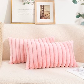 Uhomy Set of 2 Faux Fur Home Decorative Throw Pillow Cover Luxury Super Soft Fuzzy Striped Furry Pillowcase for Sofa Couch Bedroom Comfy Thick Fluffy Plush Cushion Cover 12x20 Inch Light Pink 30x50 cm