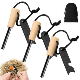 Set of 3 Outdoor Fire Steel Flint Survival for Bushcraft, Magnesium Rod Fire Starter with Handmade Wooden Handle