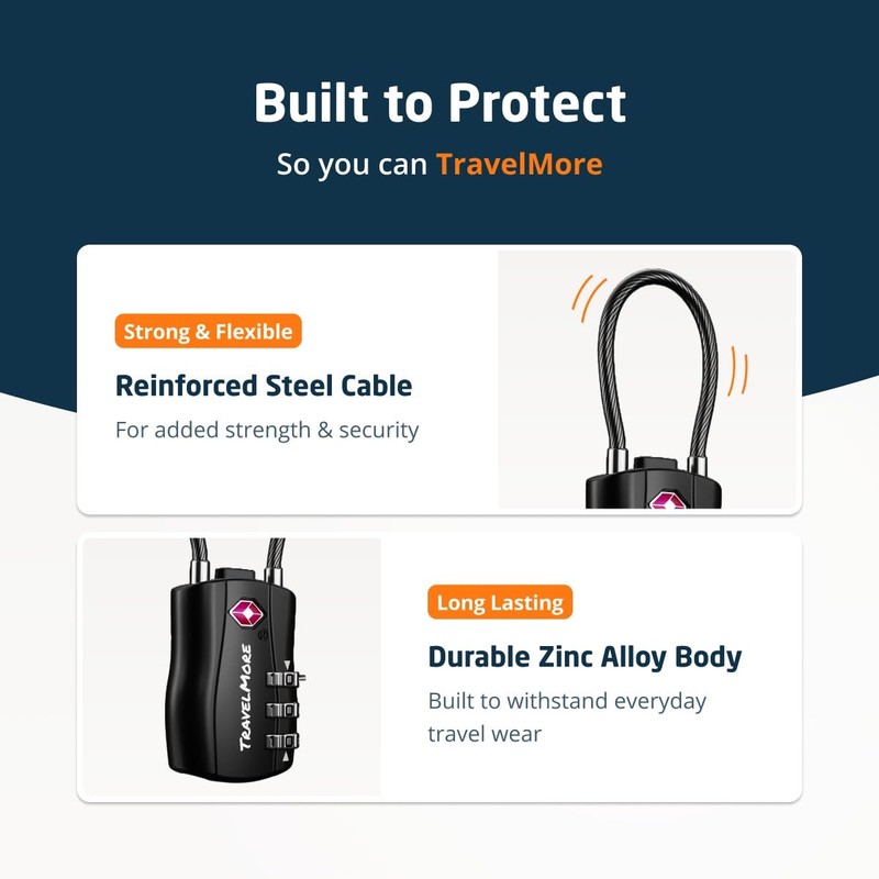 TSA Approved Travel Combination Cable Luggage Locks for Suitcases &