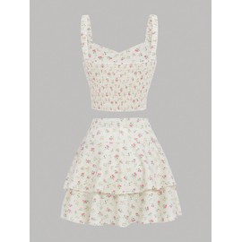 BEAUDRM Girl's 2 Piece Floral Print Sleeveless Shirred Cami Top and Tiered Layer Ruffle Hem Skirt Sets Beige 10-11Y