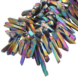 mookaitedecor Titanium Coated Rock Crystal Quartz Crystal Points Loose Beads Sticks Spikes Top Drilled 15 inches Strand