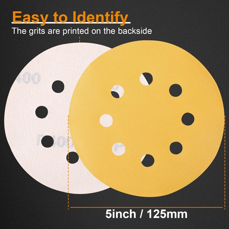 Huopueit 100PCS 5 Inch Sanding Discs, 8 Hole Hook and