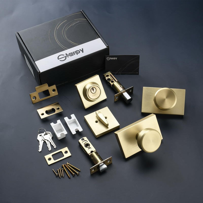 STARPY Gold Door Knobs Interior with Lock, Satin Brass Exterior