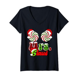 Womens Mrs Claus Couples Cute Peppermint Candy Cane Christmas Plaid V-Neck T-Shirt