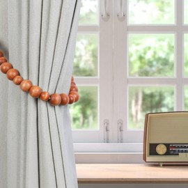 Wood Bead Curtain Tiebacks, KLOGTSIND Set of 2 Curtain Holdbacks for Thin or Thick Window Draperies, Boho Farmhouse Curtain Tiebacks with Hooks, Curtain Tie Backs for Home Office Room Decor