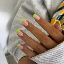 SXVME 30 uñas postizas francesas de color verde neón, cortas, cuadradas, con pegamento acrílico, para mujer, 15 tamaños.