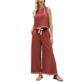 Ynhonra Women’s 2 Piece Lounge Set – Relaxed Tank Top & Wide Leg Pants with Contrast Stitching Y2K Outfits(Rust-S)