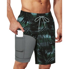 SURF CUZ 9" Mens Swim Trunks with Compression Liner Swimming Shorts Bathing Suits 2 in 1 Quick Dry Zipper Pockets,Camouflage Palm Stripes,XL