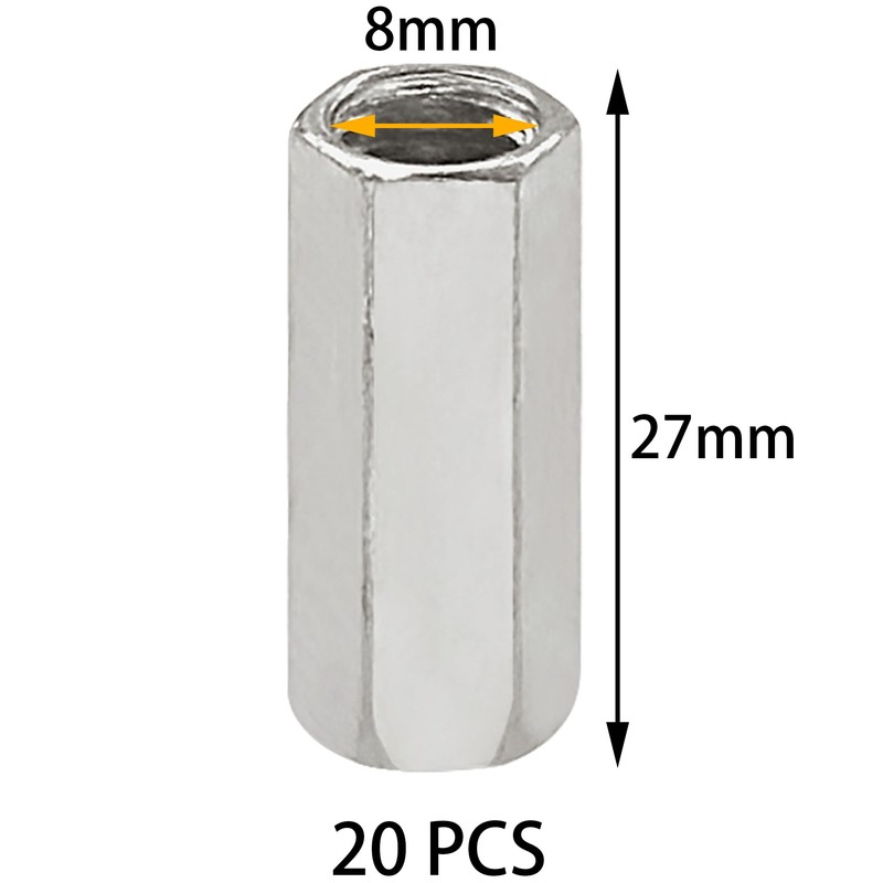 20 PCS Long Rod Nuts,Hex Coupling Nuts Fasteners,Hex & Machine