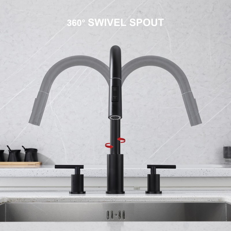 KIRLYSTONE Black Kitchen Sink Faucet, 3-Hole Kitchen Faucet with Pull-Down