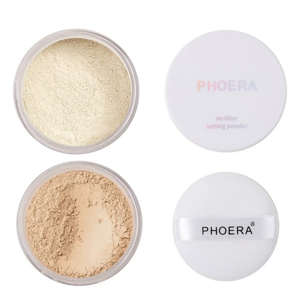 2 Pcs PHOERA Setting Powder, Control Oil Brighten Skin Color Cover Blemish Whitening Face Setting Loose Powder。 (01# Translucent & 02# Cool Beige)