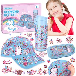 FORMIZON Craft Sets for Girls, DIY Drinking Bottle, Baseball Cap and Pencil Case with Diamonds and Unicorn Stickers, Birthday Gifts and School Gift for Children 5-12 Years (Blue)