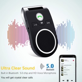 Handsfree Bluetooth for Cell Phone, Bluetooth 5.0 Car Speakerphone, Wireless Car Kit for Handsfree Talking, Support Siri Google Voice Assistant, Built-in Mic, Connects to 2 Cell Phones