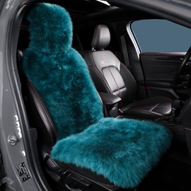 OGLAND Fluffy Sheepskin Fur Car Seat Cover-Genuine Plush Long Wool Car Seat Cushion for Auto Universal Size Adult Man Women, 1 Front Seat(Peacock Blue)