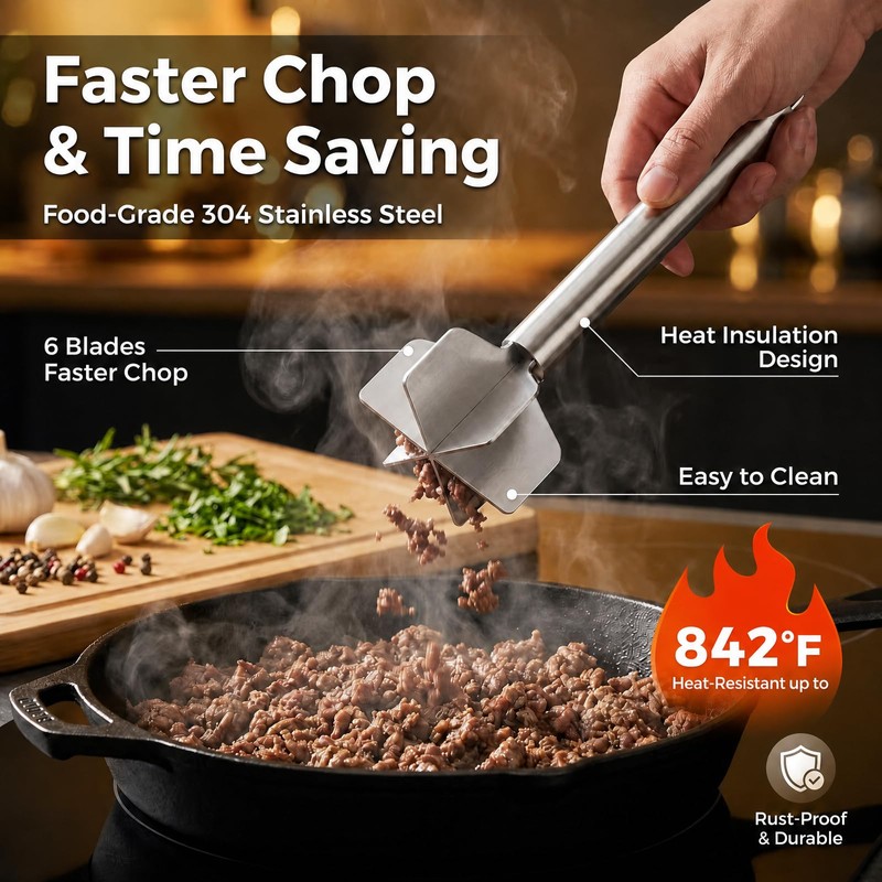 HAPYHOOM 304 Stainless Steel Meat Chopper, 6 Blade Ground Beef