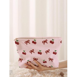 Cherry & Bow Pattern Makeup Bag, Lightweight Multi-functional Fashion Makeup Bag, Casual Travel Makeup Bag, Suitable for Leisure Travel and Various Occasions - Color: Baby Pink, Size: one-size