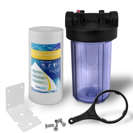 10 x 4.5" Whole House Water Filtration System, Transparent Housing, 1" Inlet/Outlet Brass Ports, Pressure Relief Button, 5 Micron Sediment Filter Cartridge, Meets NSF Standards & Regulations (10")
