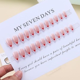 Valentine's Day Press on Nails Almond Medium Fake Nails with Designs NEWSPIED French Tip False Nails Red Love Heart Acrylic Nails White Nail Tips Stick on Nails Reusable Glue on Nails for Women 24Pcs