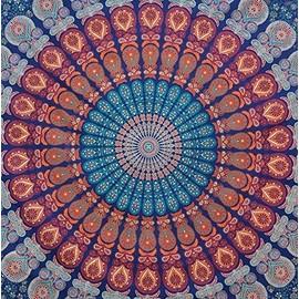 Popular Handicrafts Hippie Mandala Tapestry Wall Hanging - Indian Peacock Maditation Gypsy Bohemian Hippy Psychedelic Dorm Room Decor Blue 54 x 60 Inch