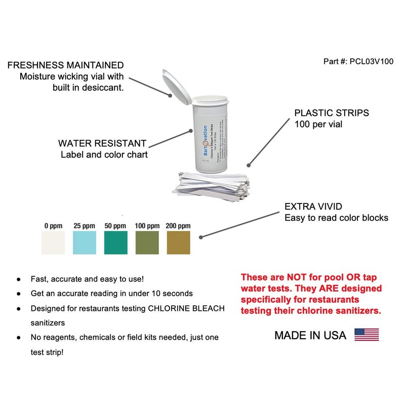 Bartovation Restaurant Chlorine Sanitizer Plastic Test Strips, 0-200 ppm [Moisture