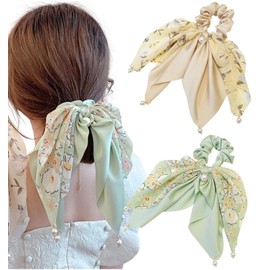 Herbeluemily Scrunchie Ribbon, Hair Ornament, Large, Flower Pattern, Pearl, Hair Elastic, Adult, Hair Arrangement, 2B, Beige, Green